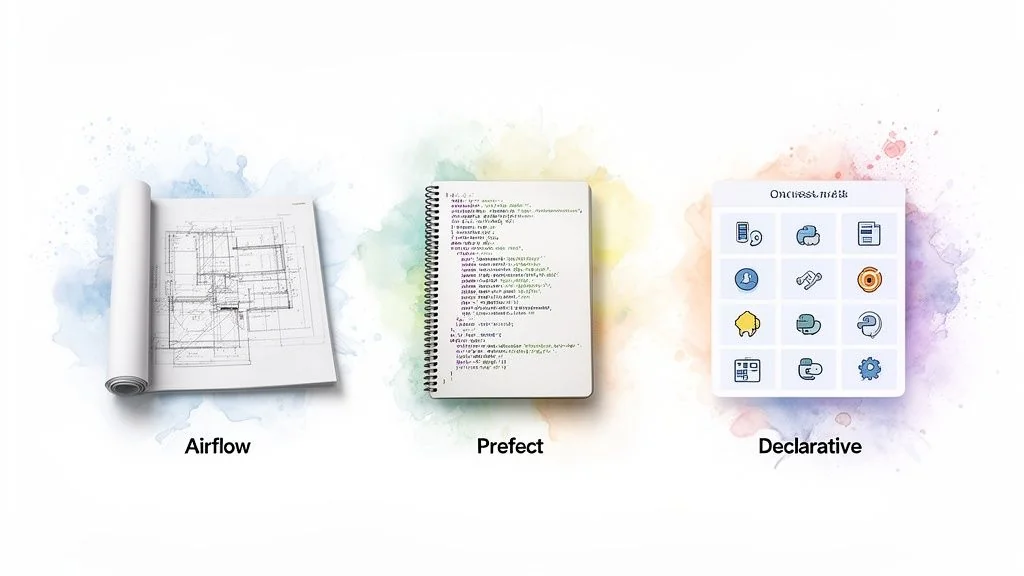 Three sections comparing workflow orchestration: a blueprint for Airflow, code for Prefect, and icons for a declarative approach.
