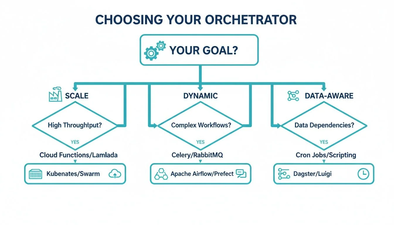 Decision tree illustrating how to select an orchestrator based on throughput, workflow complexity, and data dependencies.