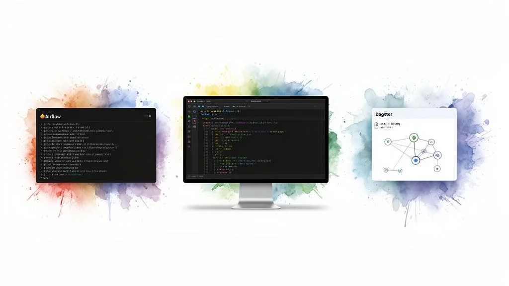 Screens showcasing Airflow, a coding environment, and Dagster's UI, highlighting data orchestration tools.