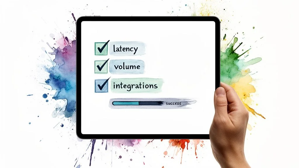 A hand holds a tablet displaying a checklist with latency, volume, and integrations checked, showing success.