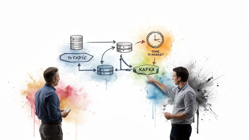 Two men discussing a data flow diagram involving Kafka, databases, and time to market.