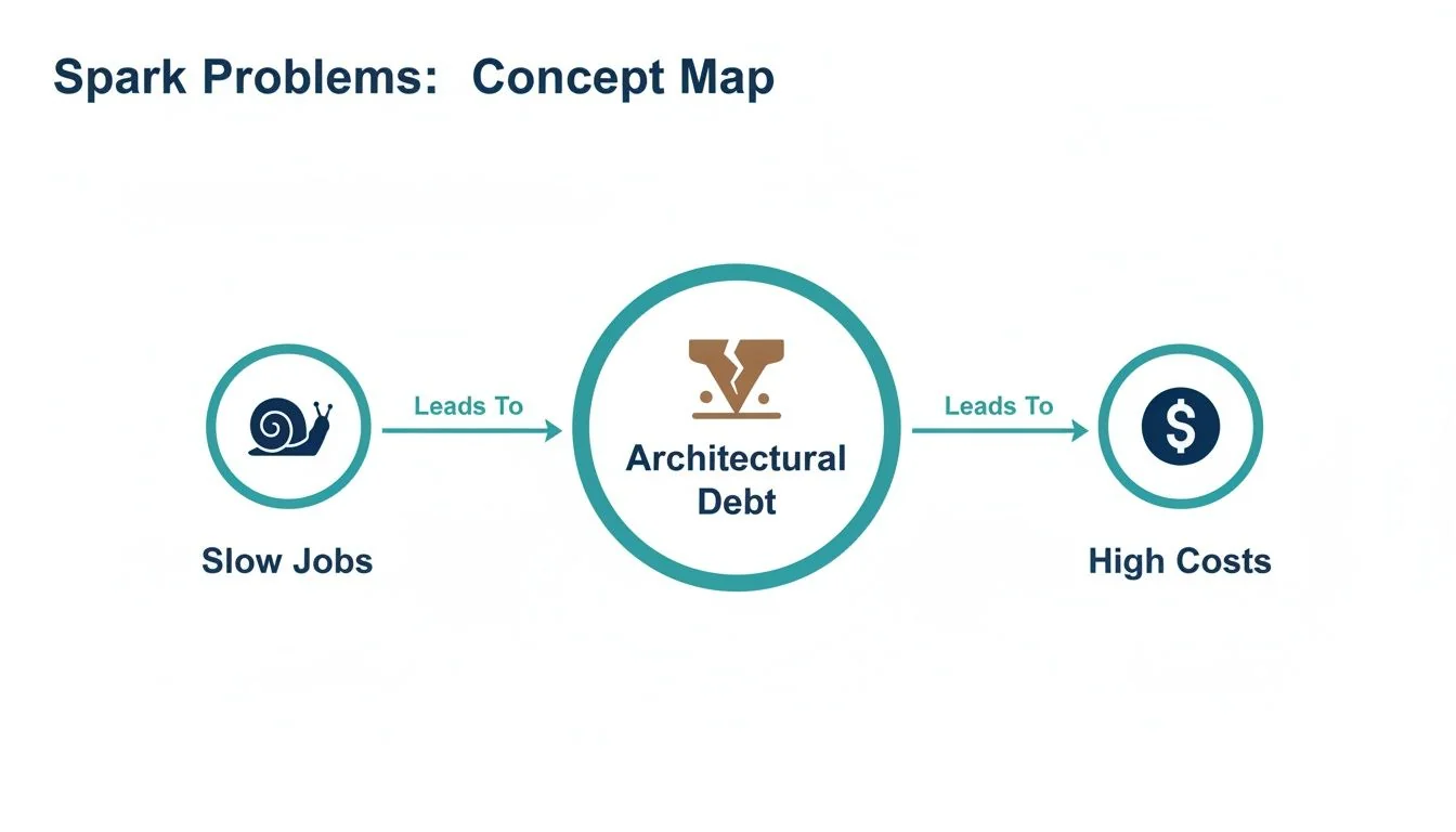 A concept map illustrating Spark problems: Slow Jobs lead to Architectural Debt, which results in High Costs.