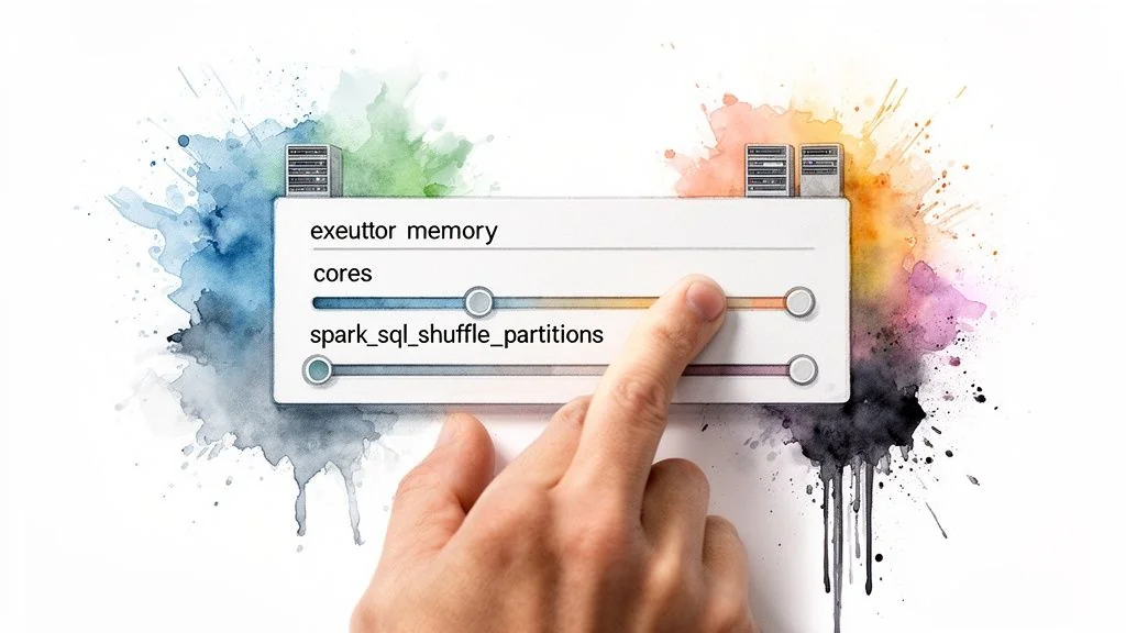 A hand adjusts sliders for Apache Spark configuration parameters: executor memory, cores, and shuffle partitions.