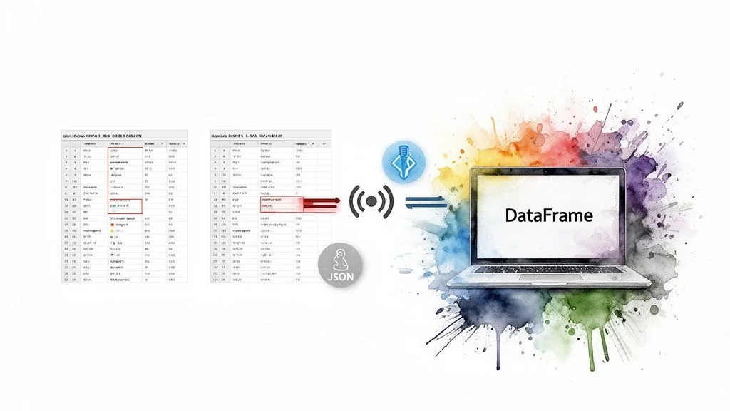 Data tables are processed via JSON and wireless transfer into a DataFrame on a laptop.