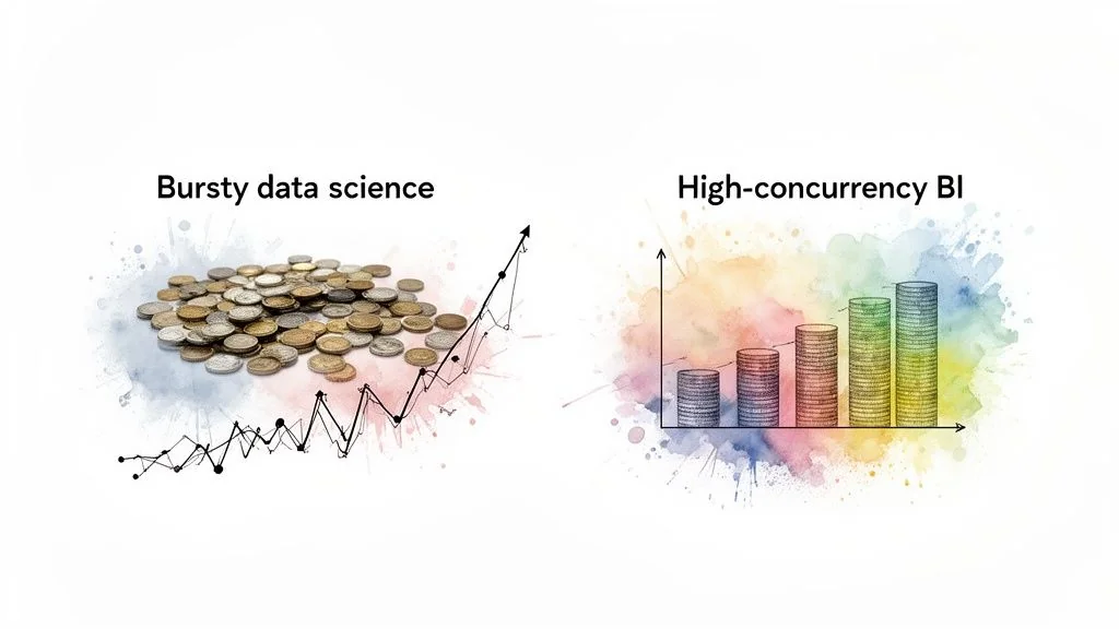 Graphs comparing 'Bursty data science' (coins, volatile line) and 'High-concurrency BI' (stacked coins, bar chart).