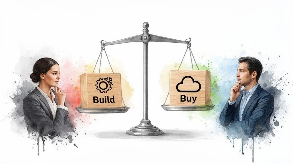 A scale weighing 'Build' (gear icon) against 'Buy' (cloud icon), with a man and woman contemplating.