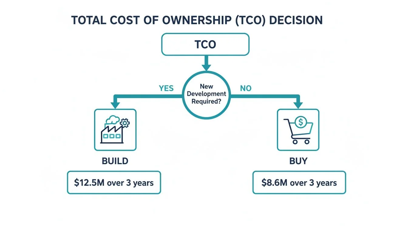 Flowchart outlining a Total Cost of Ownership (TCO) decision, comparing build vs. buy options over 3 years.