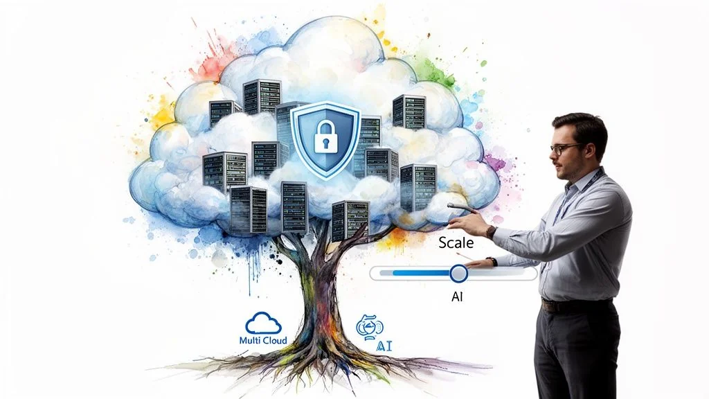 A man interacting with an AI and scaling slider for a secure, multi-cloud data platform.
