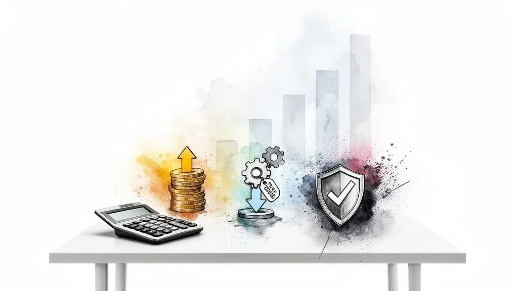 Illustration of financial concepts: calculator, increasing money, fixed cost reduction, and security with a bar chart.