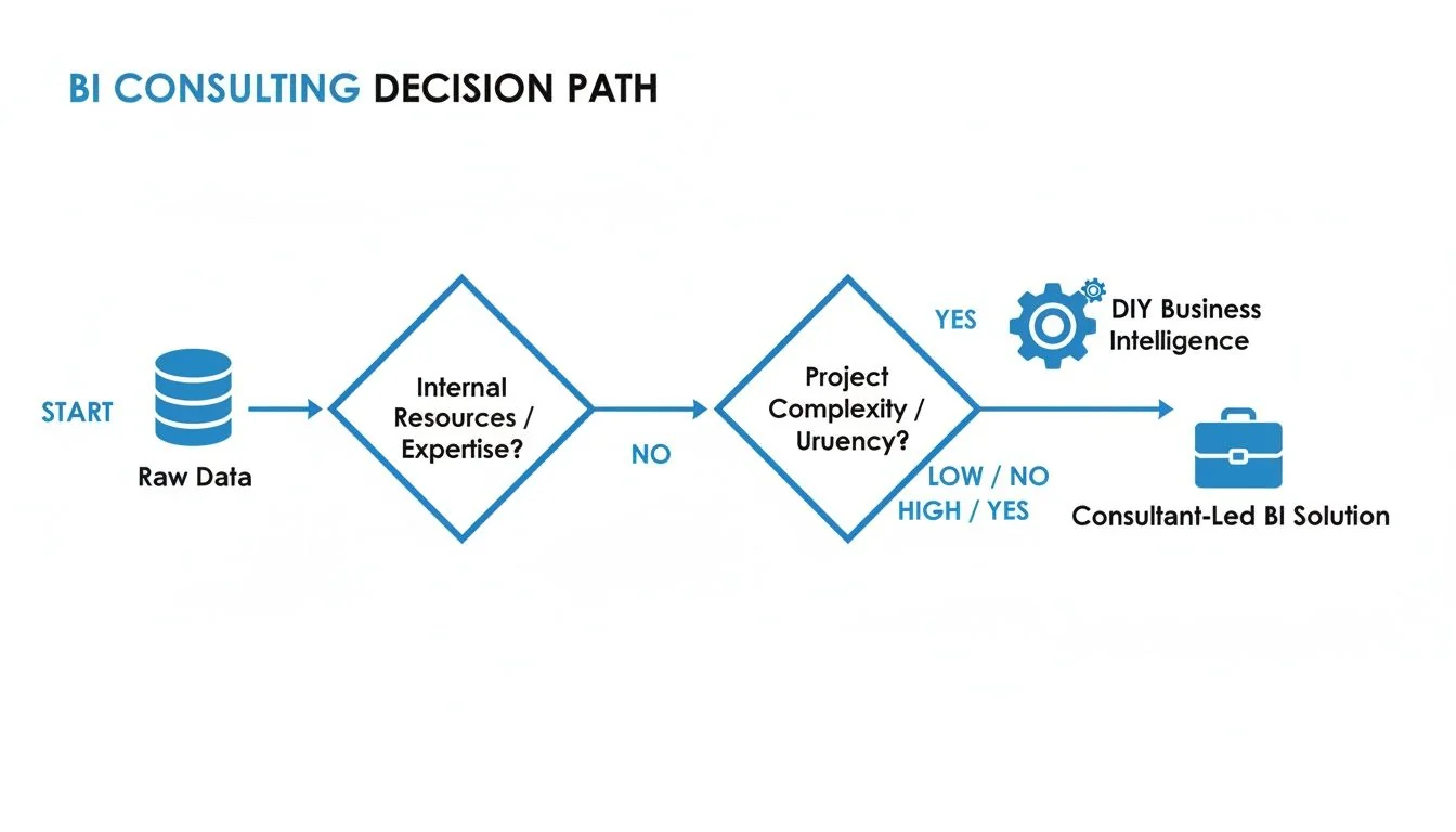 Flowchart illustrating BI consulting decision path, considering internal resources, project complexity, and urgency for BI solutions.