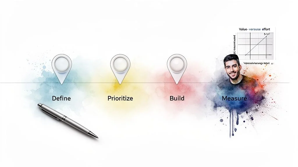 Illustrated timeline showing business strategy steps: Define, Prioritize, Build, Measure, featuring a pen, man, and graph.