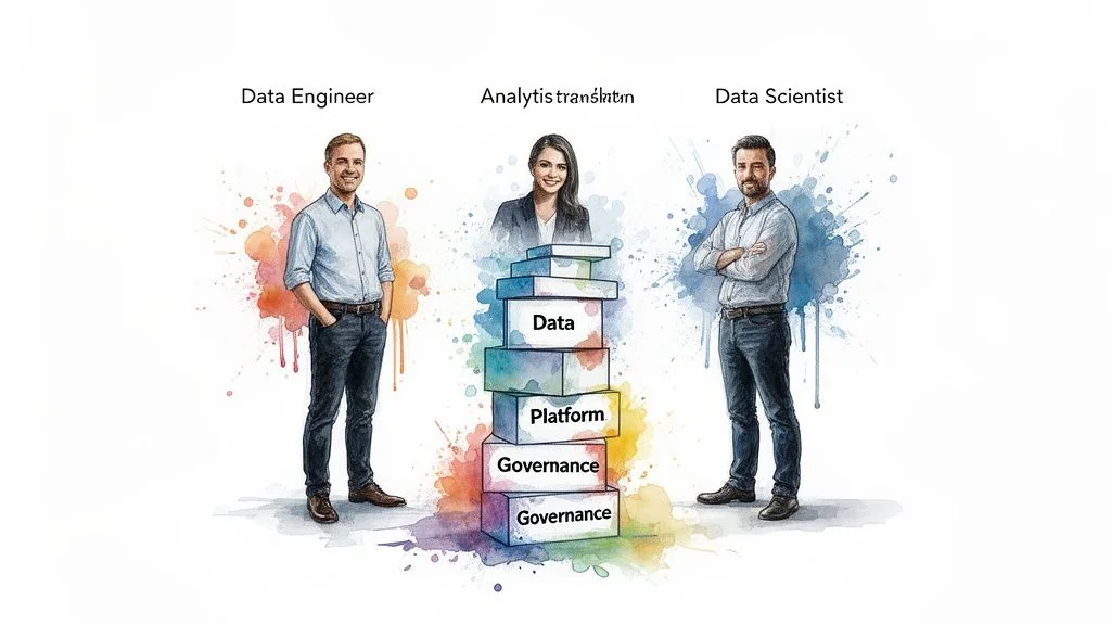 Three data professionals: Data Engineer, Analyst/Translator, and Data Scientist, with a stack of data concepts.