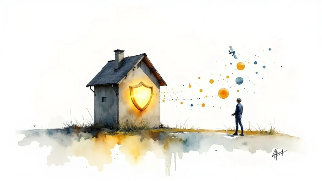 Digital ecosystem connecting a car, smart devices, camera, and smart home on a white background.