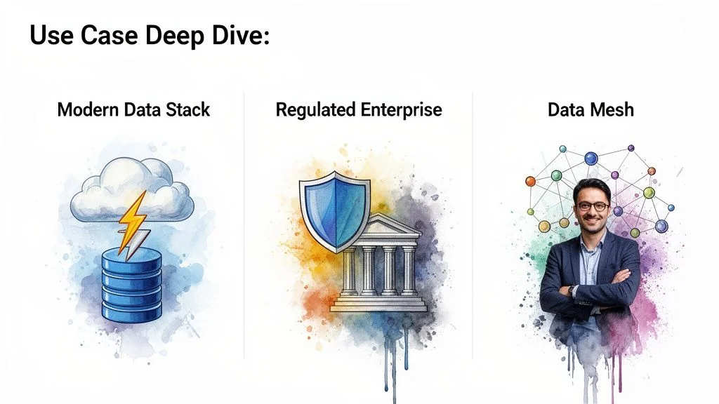 Deep dive into data use cases, including Modern Data Stack, Regulated Enterprise, and Data Mesh.