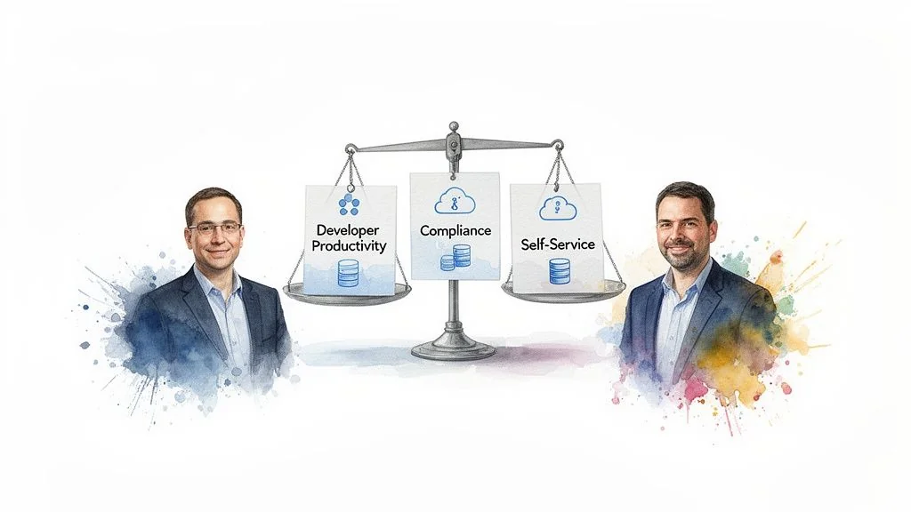 Two men flank a balanced scale showing developer productivity, compliance, and self-service with data icons.
