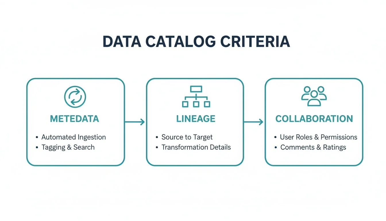 Diagram outlining essential data catalog criteria: metadata, data lineage, and collaboration features.