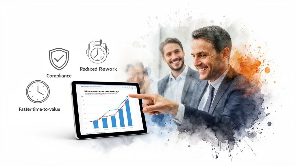 Smiling businessmen reviewing a data graph on a tablet, showcasing compliance and efficiency benefits.