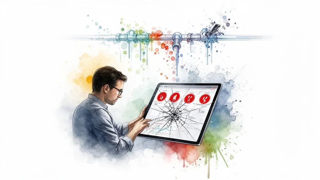A man monitors a cracked tablet showing data and alerts, with a leaking, colorful pipeline above.