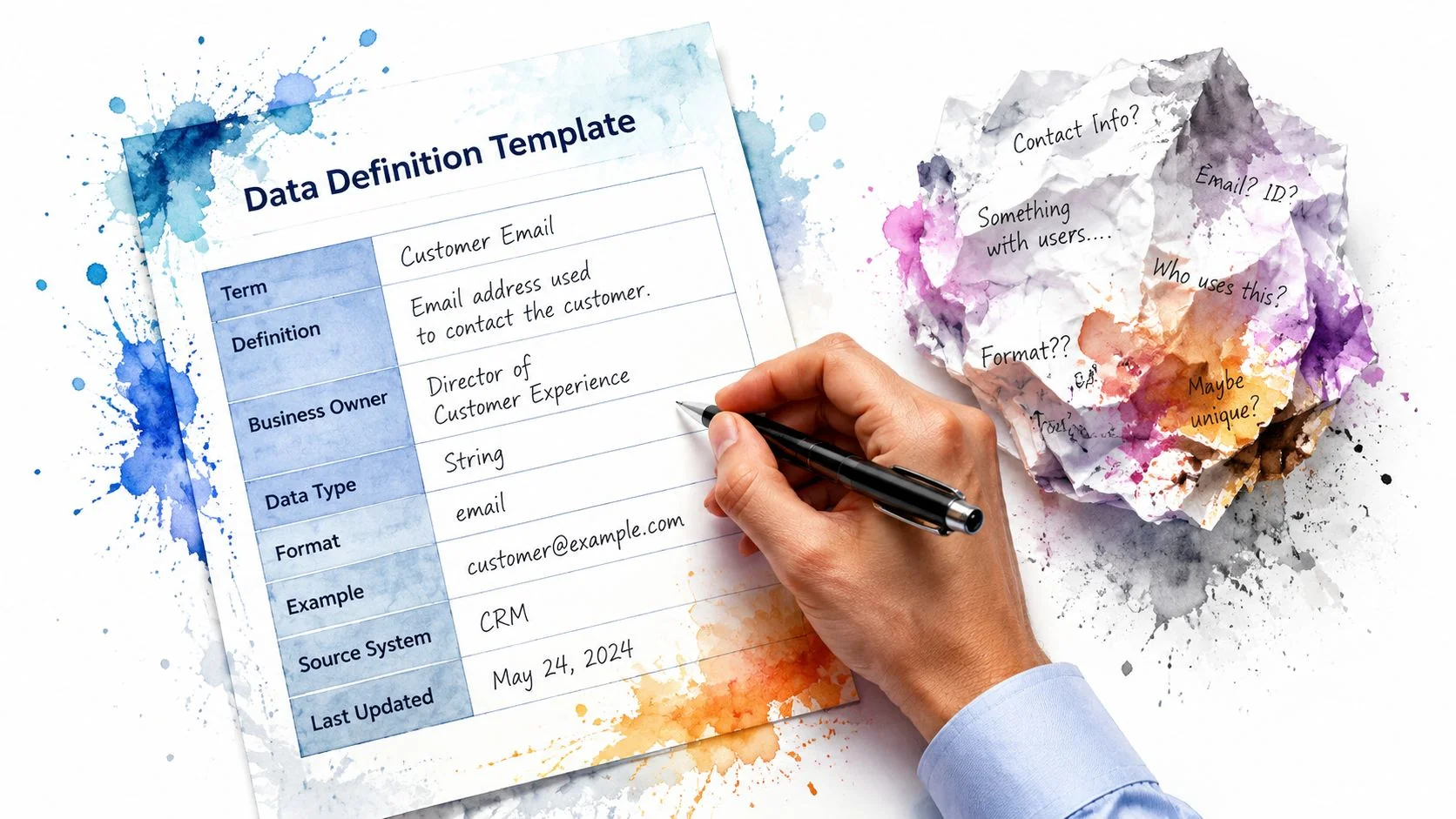 A professional filling out a Data Definition Template for customer email details on a paper document.