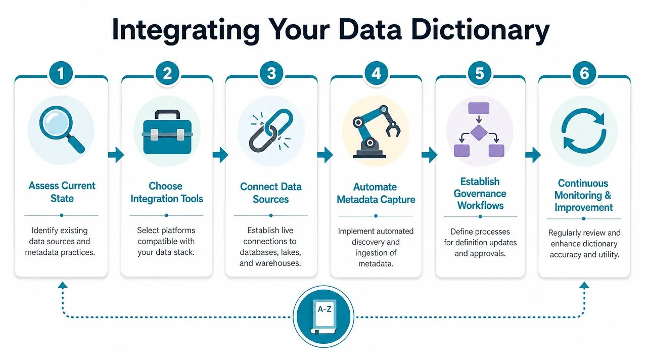 A six-step infographic guide detailing the process of effectively integrating a company data dictionary into operations.