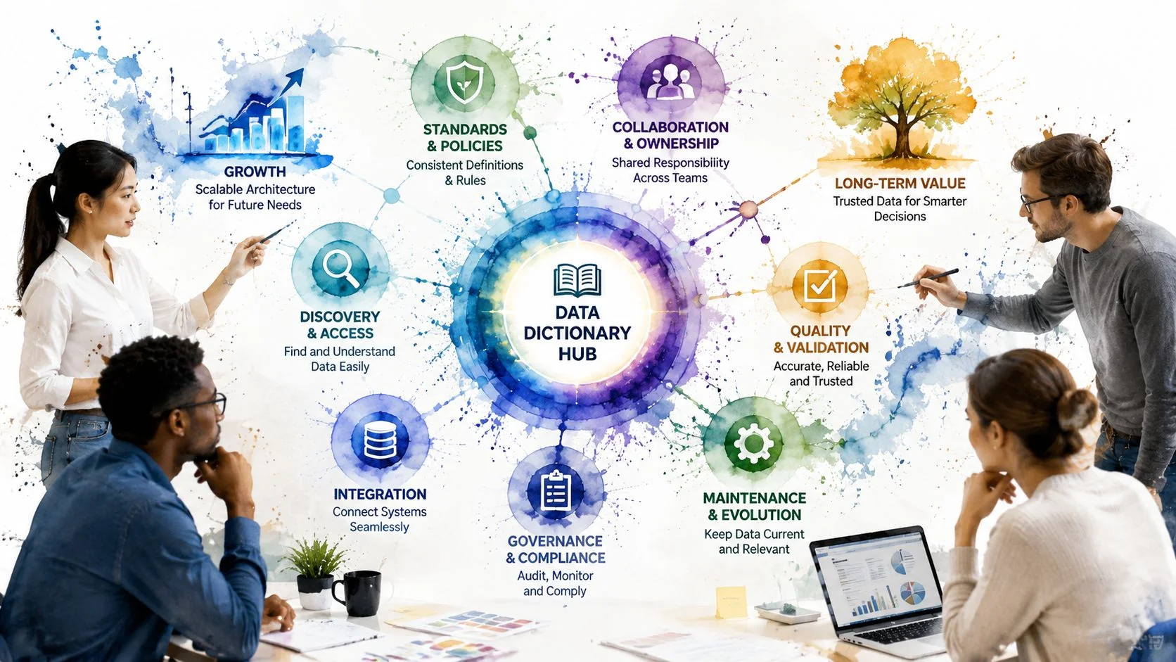 A professional team collaborating on a visual diagram of a data dictionary hub in an office setting.