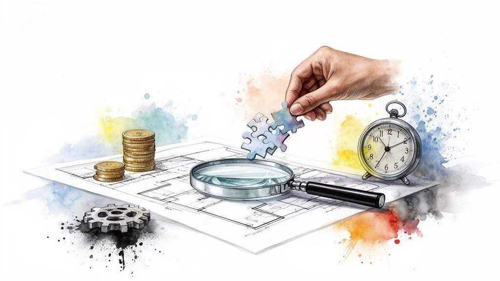 A hand places puzzle pieces over blueprints with coins, a magnifying glass, a gear, and an alarm clock.