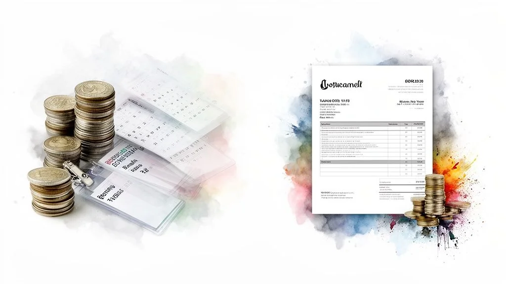 Financial planning visual with coins, calendars, and a business invoice, surrounded by colorful paint.