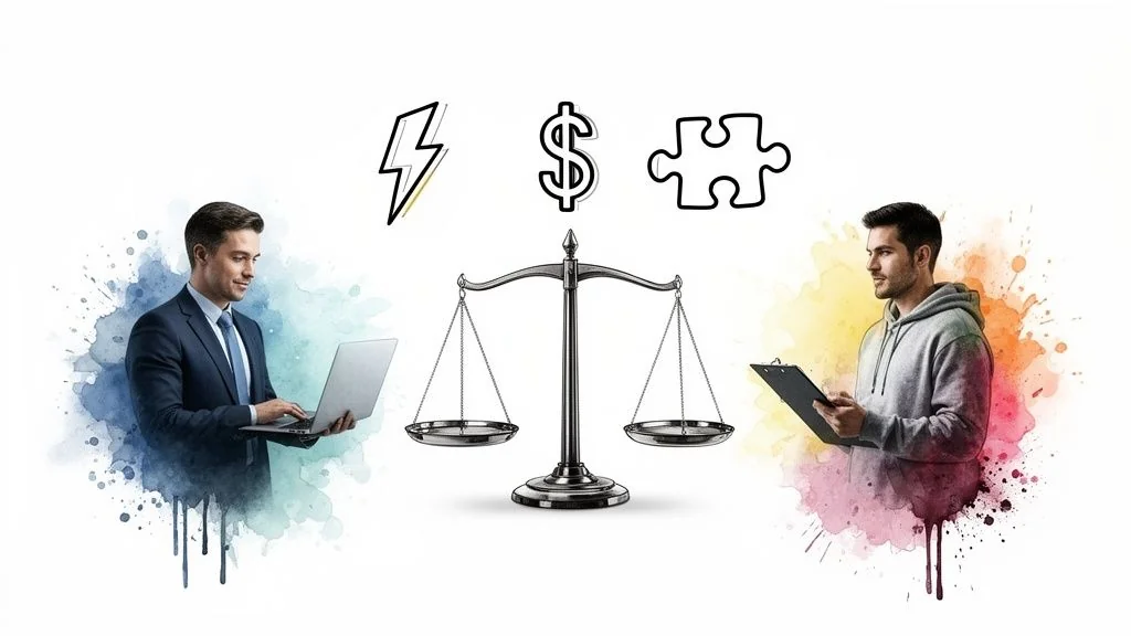 A visual comparison of two options represented by a businessman and a casual worker, with symbols for cost, speed, and complexity.