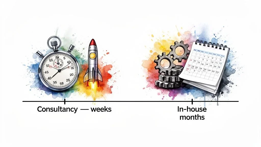 Visual comparing consultancy (weeks, rocket launch) for speed vs. in-house development (months, gears, calendar) for duration.