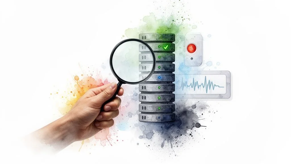 A hand holds a magnifying glass over data servers with monitoring tools, symbolizing data analysis and due diligence.