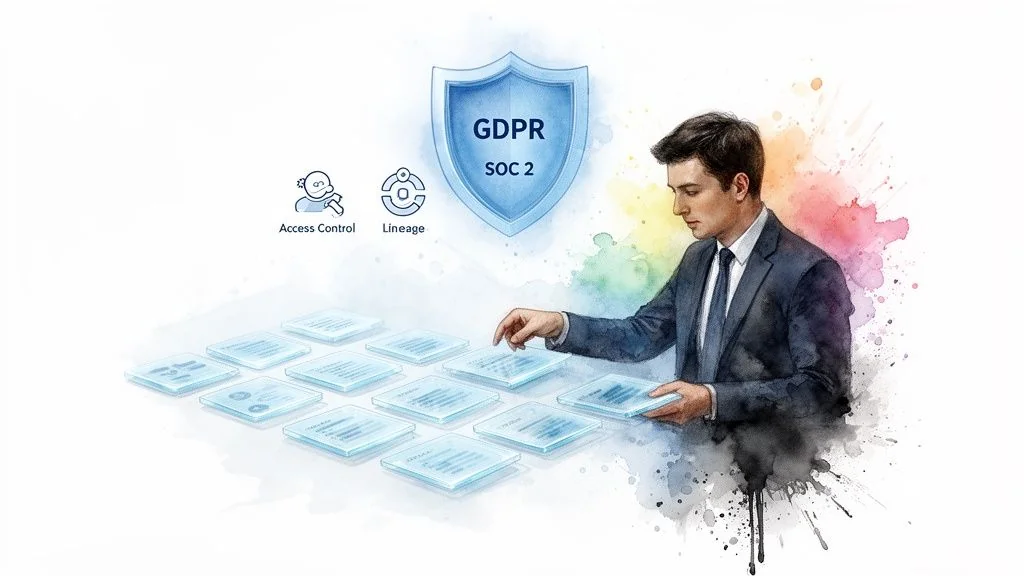 A man manages glowing data files with icons for GDPR, SOC 2, Access Control, and Lineage, symbolizing data governance.