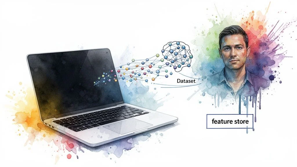 Watercolor art showing data flowing from a laptop to a dataset, a brain, a man's face, and a feature store.