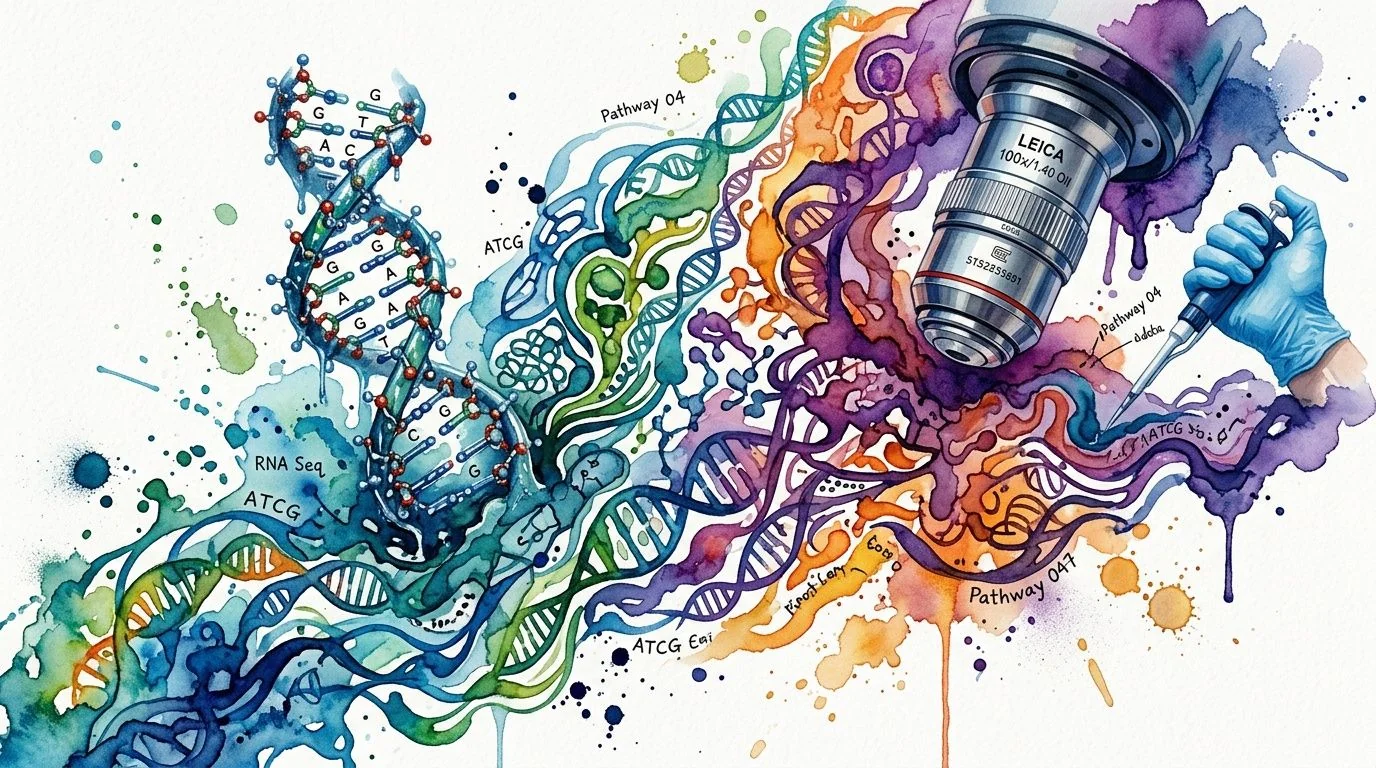 An artistic watercolor illustration depicting a DNA helix, laboratory microscope, and pipette representing biotechnology and genomics research.