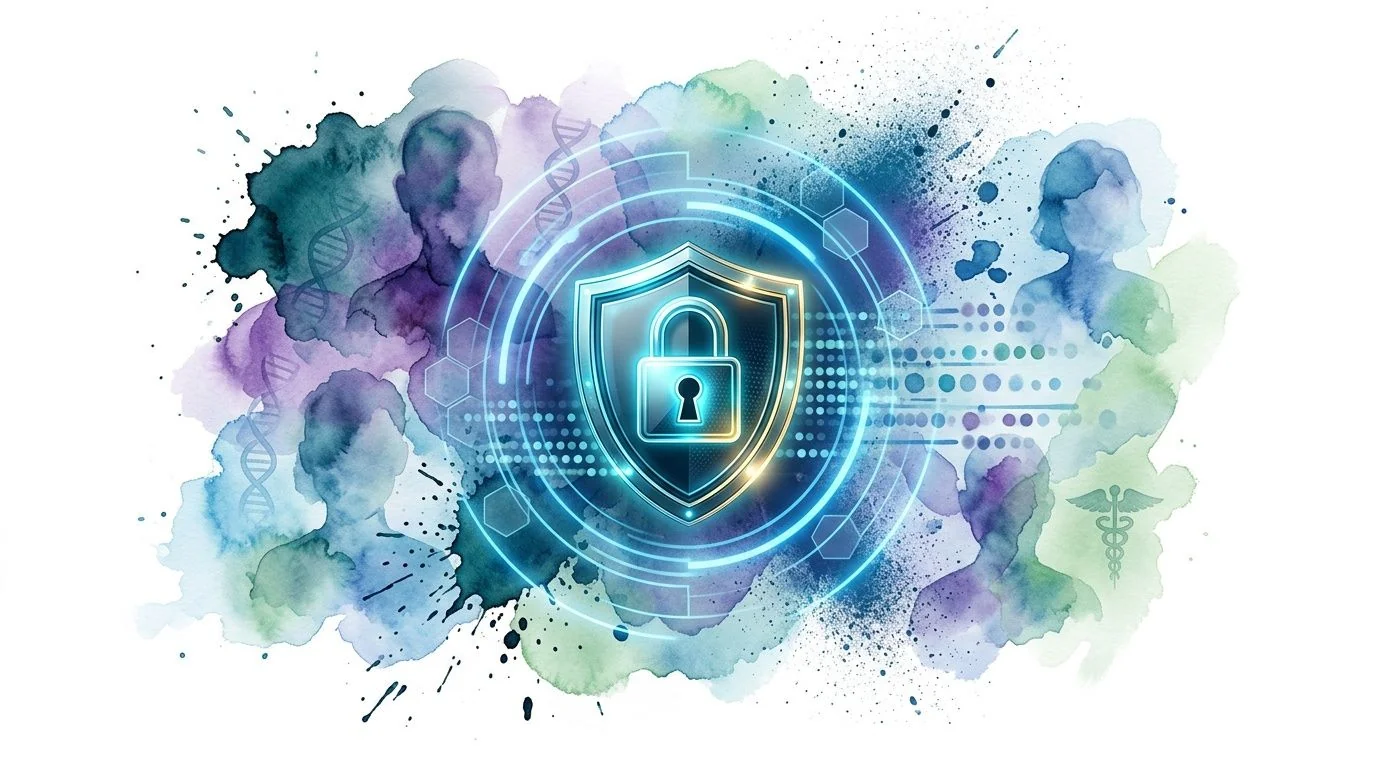 A digital shield with a padlock icon symbolizing cybersecurity in the biotechnology and pharmaceutical research industries.