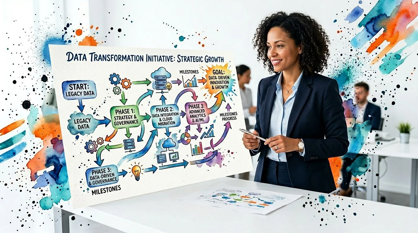 A businesswoman presents a data transformation strategy flowchart about innovation and growth to her team.