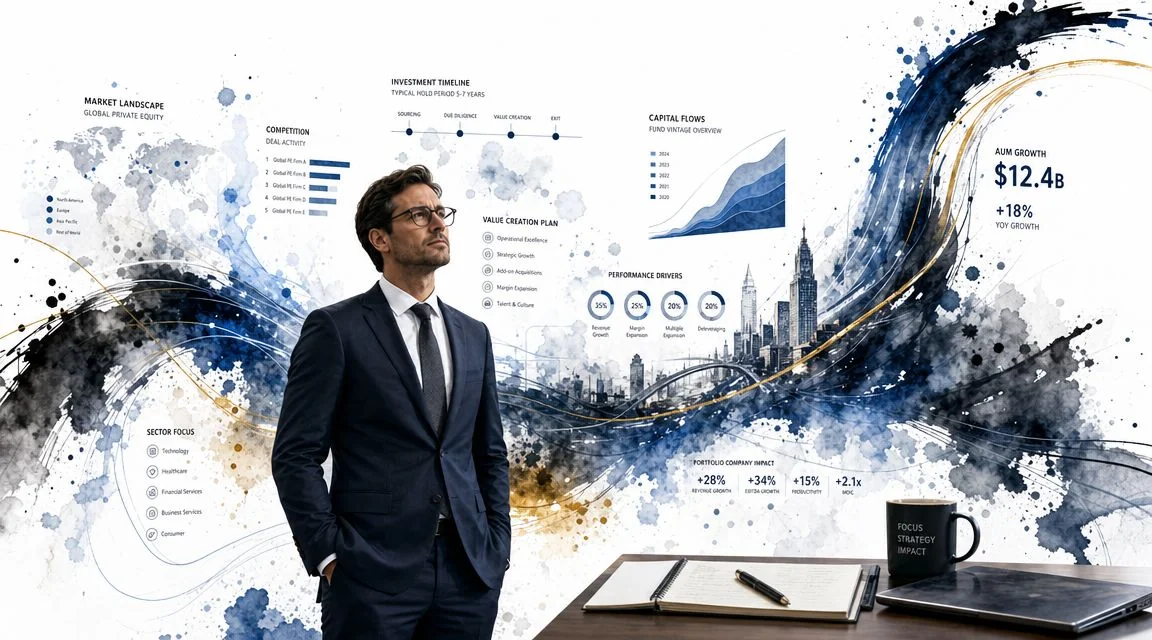 A professional man in a suit stands before a visual display of private equity data and graphics.
