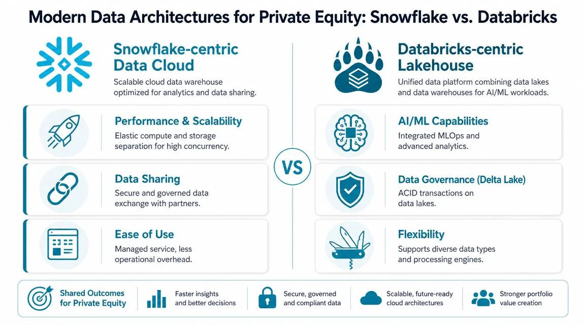 A comparative infographic outlining the differences between Snowflake and Databricks data architectures for private equity firms.