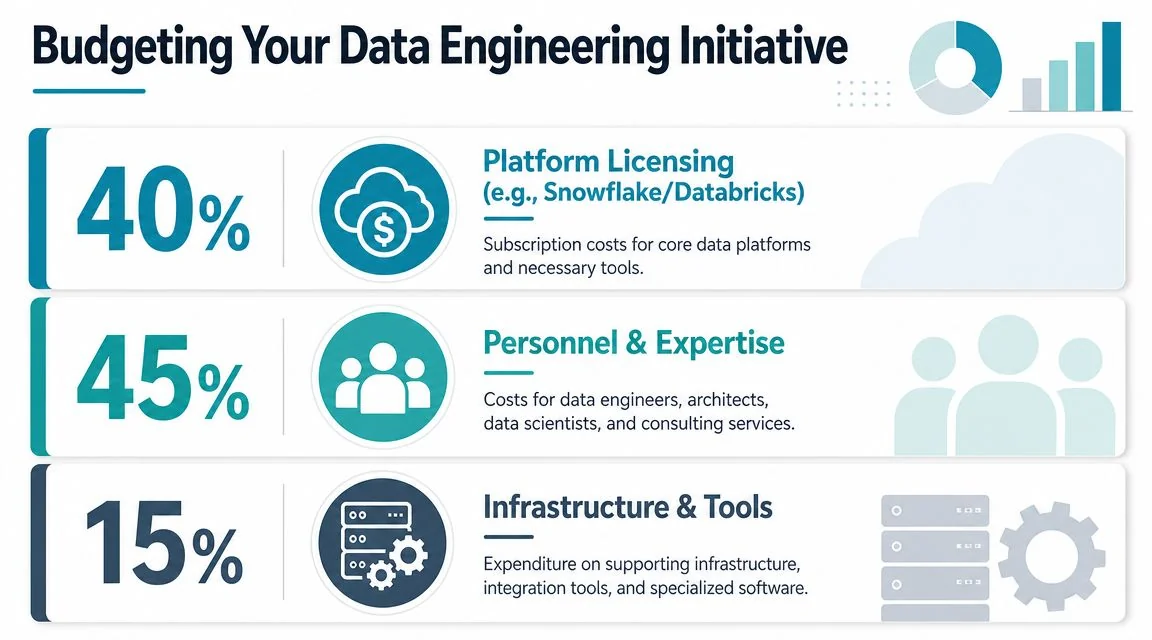 A chart showing the budget breakdown for data engineering initiatives with percentages for platform, personnel, and infrastructure.