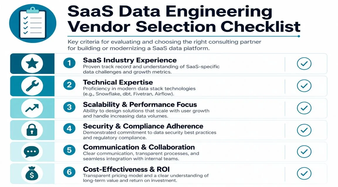 A checklist for selecting SaaS data engineering consulting partners, highlighting six key criteria for vendor evaluation.