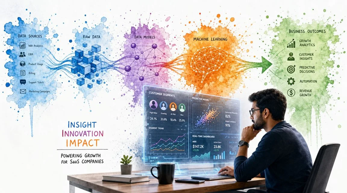 A professional analyzing data analytics dashboards visualizing the SaaS workflow from raw data to business outcomes.