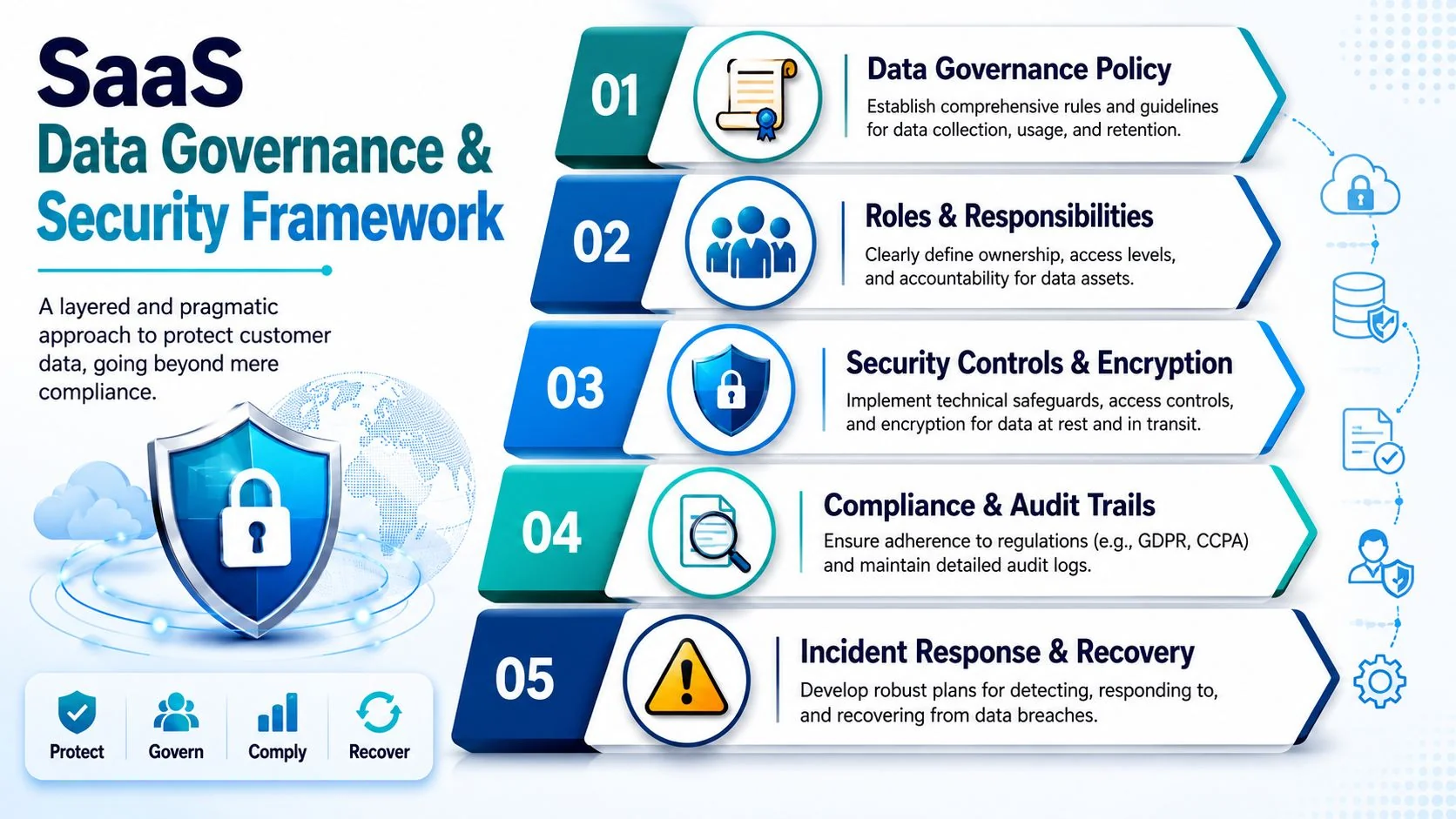 A diagram outlining a five-step SaaS data governance and security framework for protecting customer data.