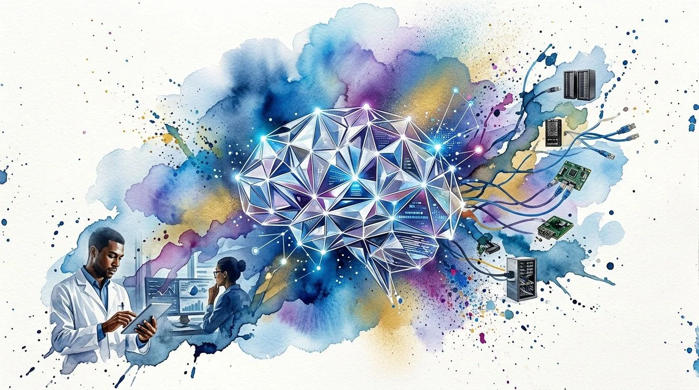 A digital illustration showing researchers working with an AI brain connected to various data server hardware components.