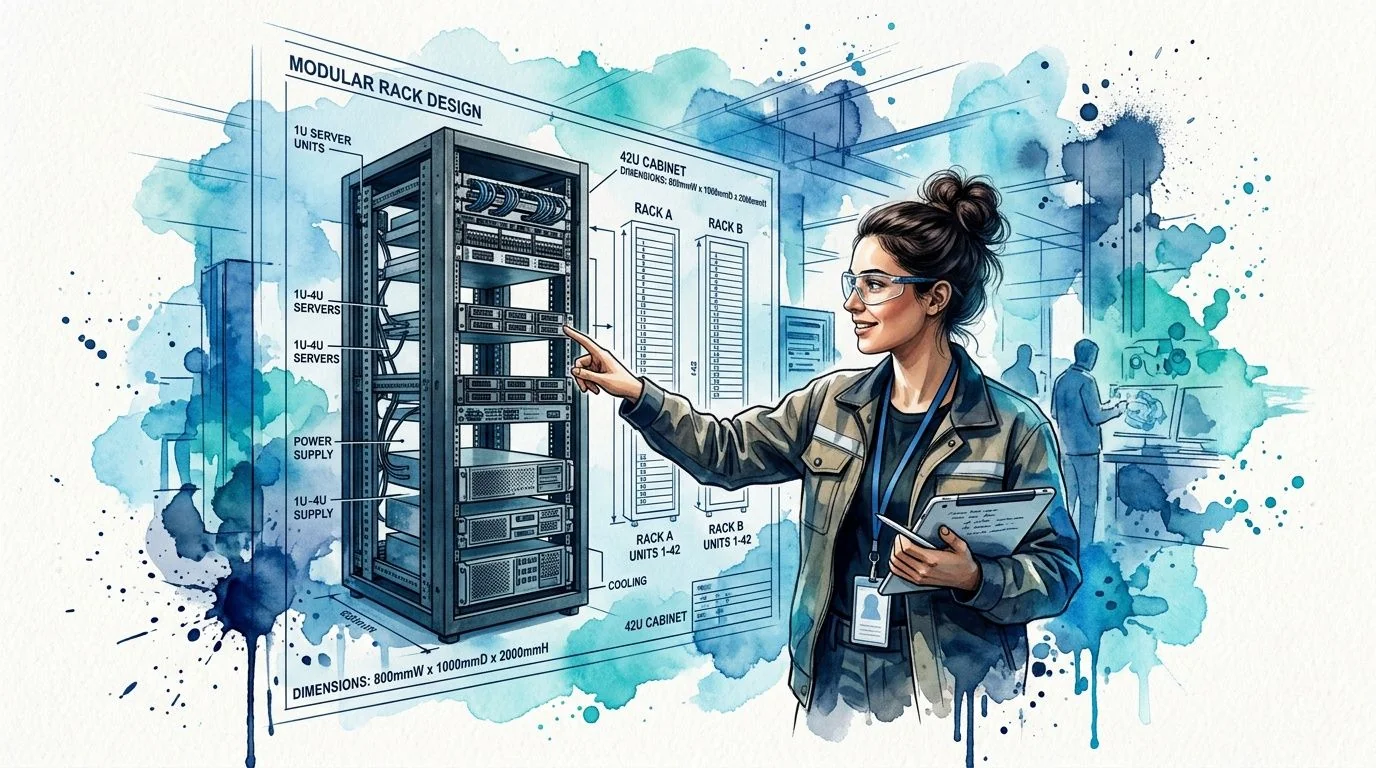 A professional engineer pointing at a modular server rack design diagram in a technical data center environment.