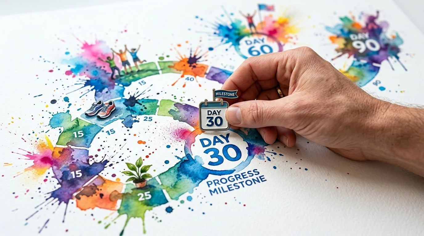 A hand placing a Day 30 milestone marker on a colorful watercolor progress chart for startups.