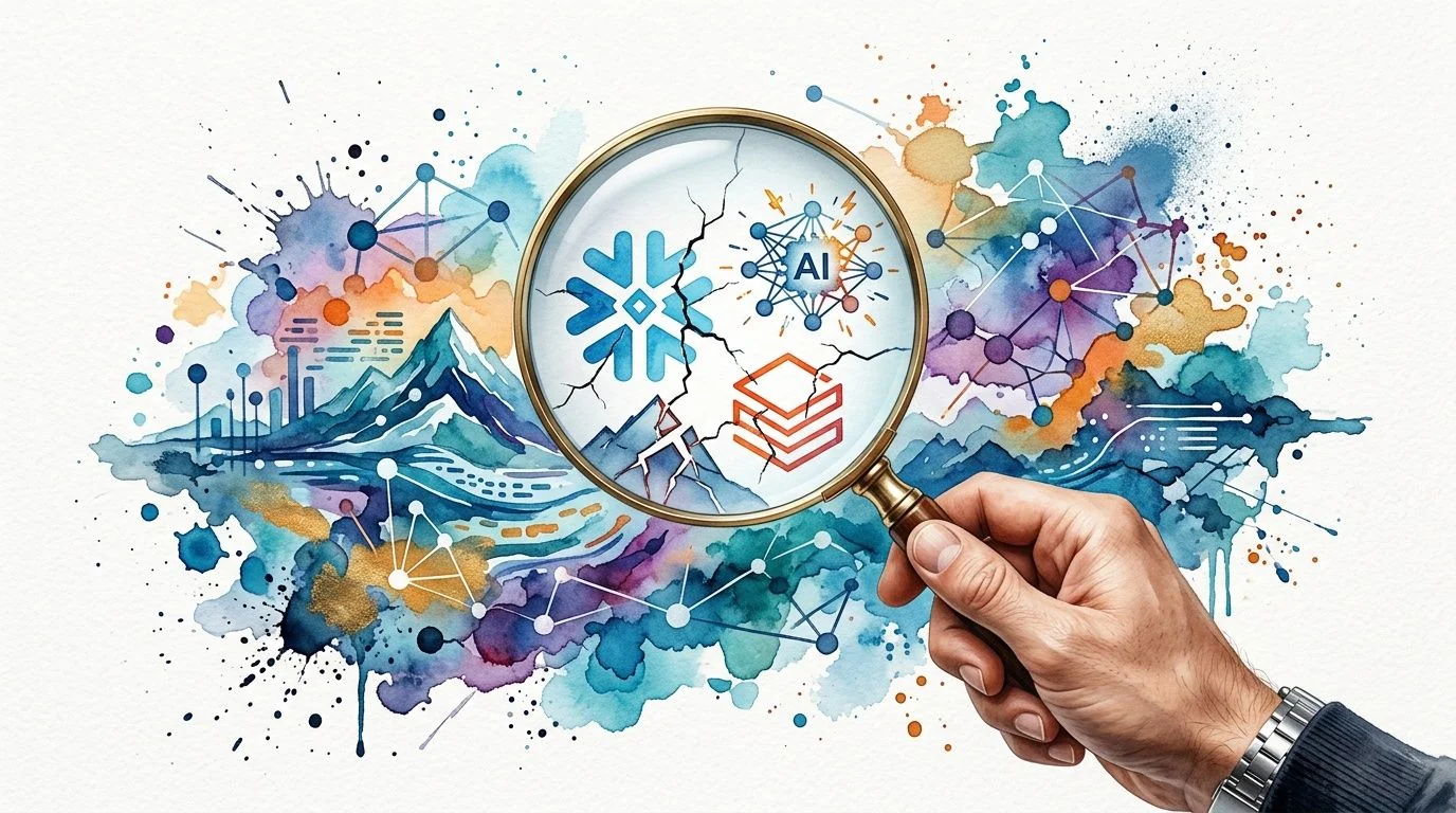 A hand holds a magnifying glass over a stylized watercolor illustration featuring data engineering and AI icons.