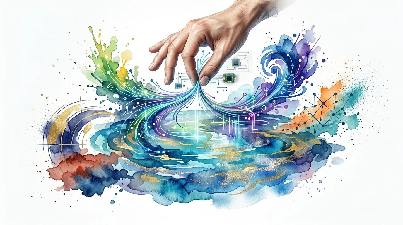 A hand touches a digital landscape formed from watercolor splashes and circuit board patterns representing technological innovation.