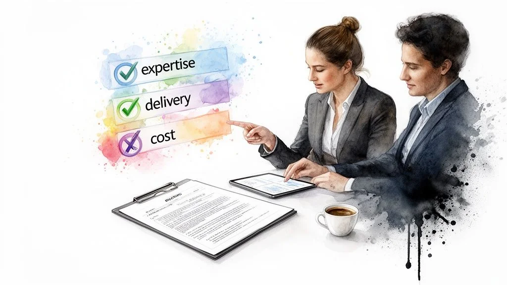 Two business professionals evaluating project criteria like expertise, delivery, and cost, with a tablet.