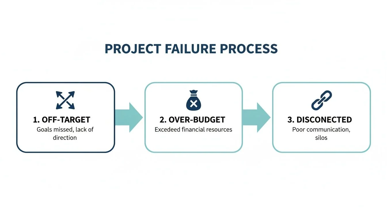 Diagram outlining the three steps of project failure: Off-Target goals, Over-Budget resources, and Disconnected communication.