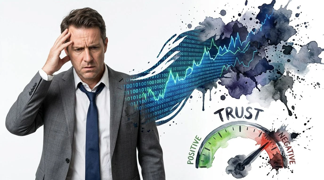 A stressed businessman looking at a visualization of declining trust and binary data volatility.