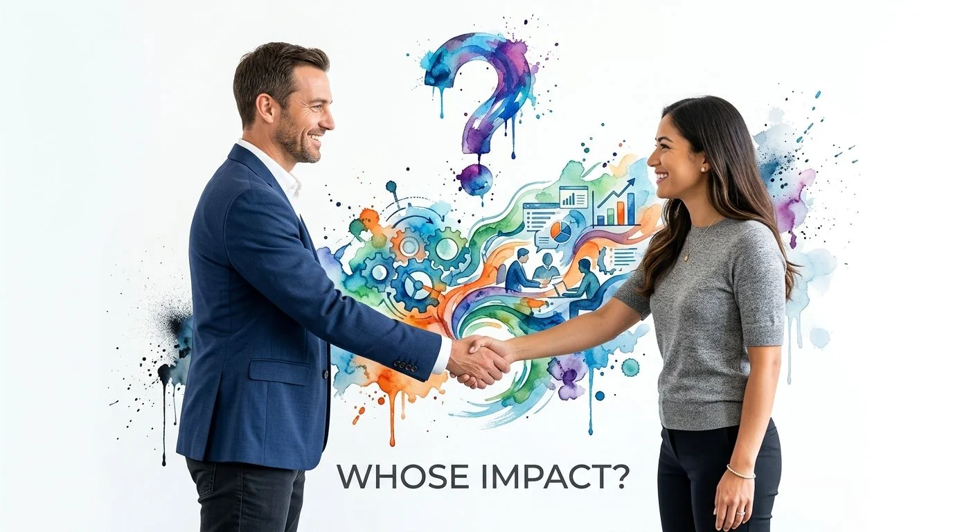 A professional man and woman shaking hands in front of a colorful abstract illustration of data graphics.